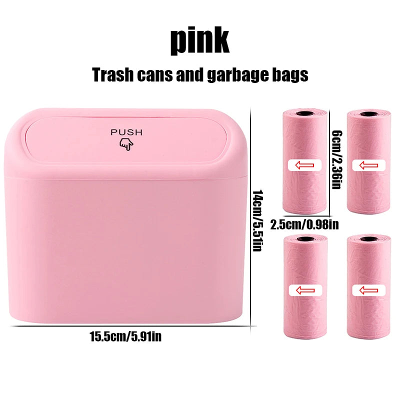 1L Car Interior Storage Box Trash Can with 4 Rolls (60Pcs) Trash Bags ABS Mini Trash Can with Lid with Trash Bag Car Storage Bin