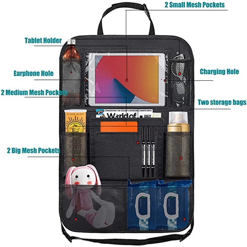 Car Backseat Organizer with Touch Screen Tablet Holder + 9 Storage Pockets Kick Mats Car Seat Back Protectors for Kids Toddlers