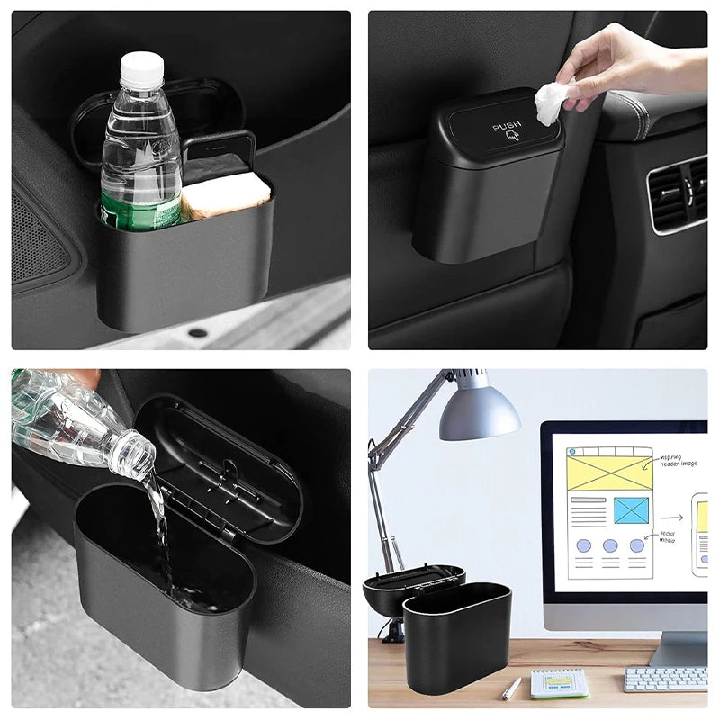 1L Car Interior Storage Box Trash Can with 4 Rolls (60Pcs) Trash Bags ABS Mini Trash Can with Lid with Trash Bag Car Storage Bin