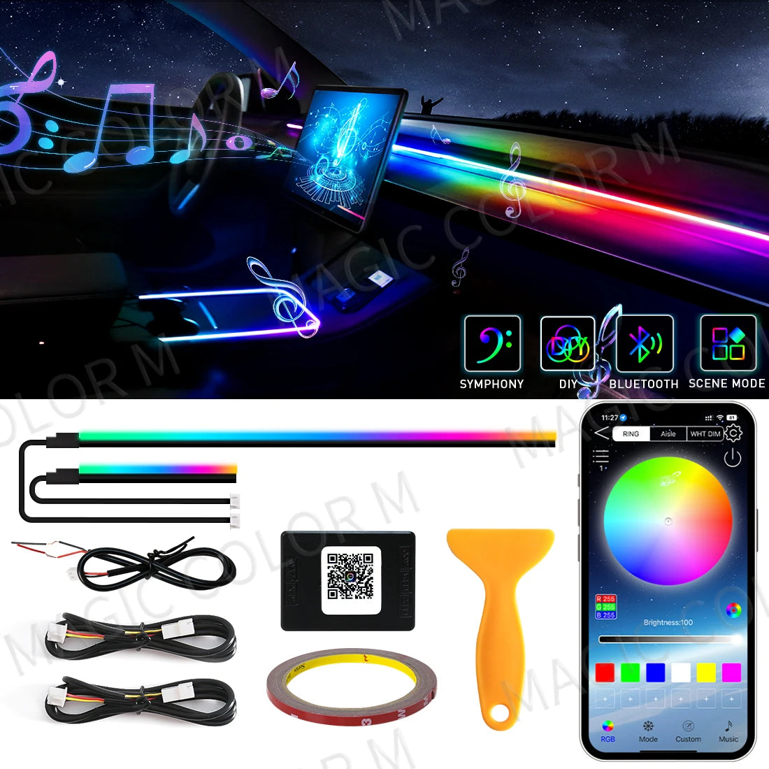 140Cm 55.12" Car Ambient Light LED Symphony RGB Interior Acrylic Strips Dashboard Decoration Console Atmosphere Lamp App Control