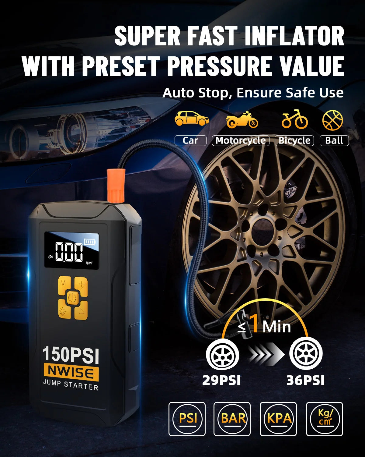 Car Jump Starter Air Pump 150PSI Air Compressor 6000A Jump Starter Power Bank Lighting Battery Starters Auto Tyre Inflator