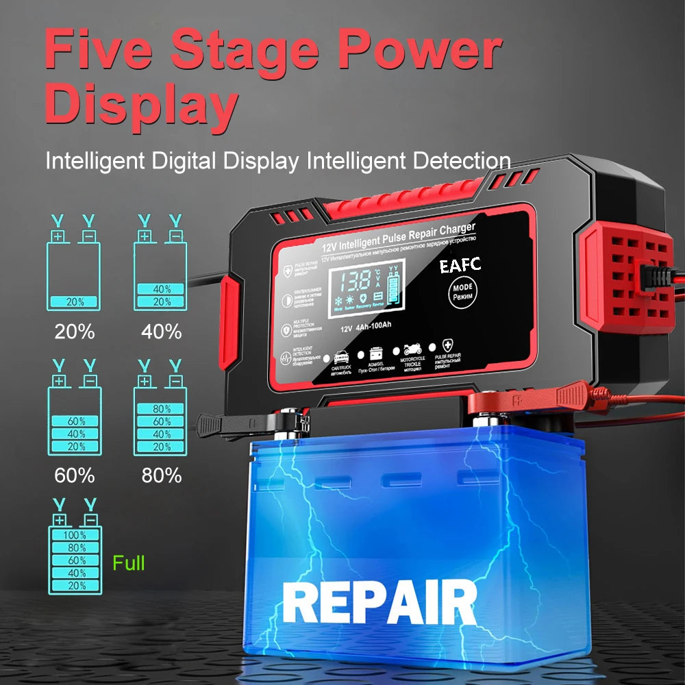 12V 6A Power Puls Repair Charger Car Battery Charger LED Display Moto Truck Battery Charger Wet Dry Lead Acid Battery
