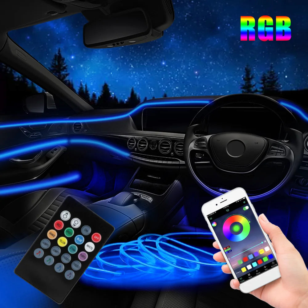 12V 6M LED Strips RGB Car Interior Light Ambient Lamp Decorative Fiber Optic 5 Lens Smart Control Caravan Automotive Accessories