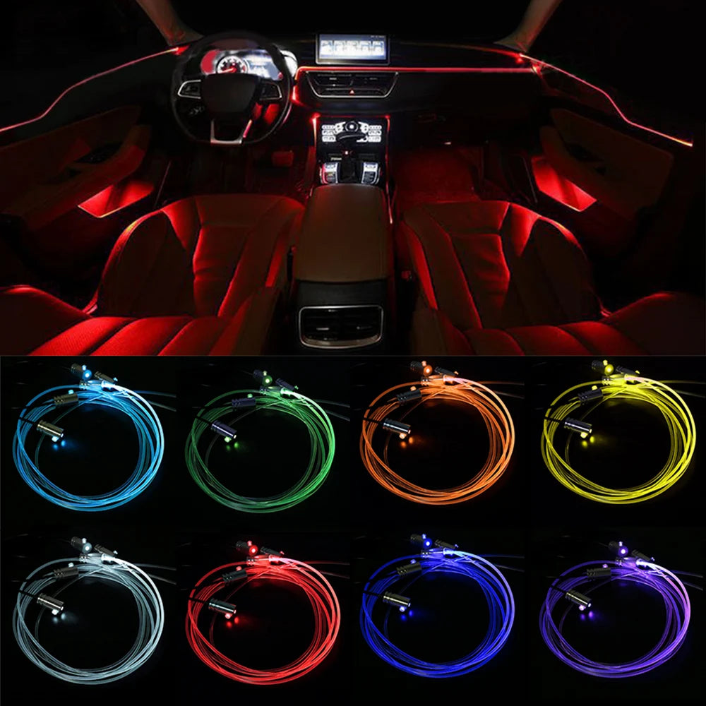 12V 6M LED Strips RGB Car Interior Light Ambient Lamp Decorative Fiber Optic 5 Lens Smart Control Caravan Automotive Accessories