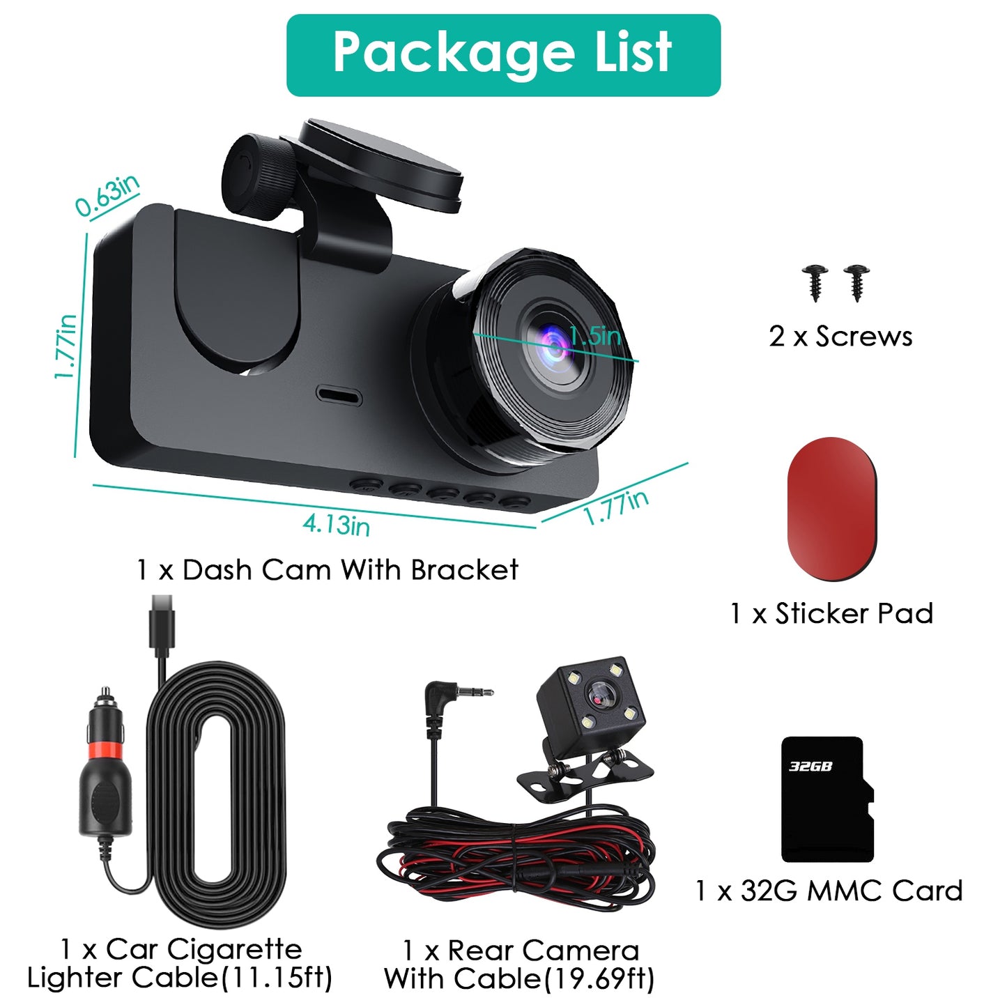 3-Channel Car Camera with 32GB MMC Card