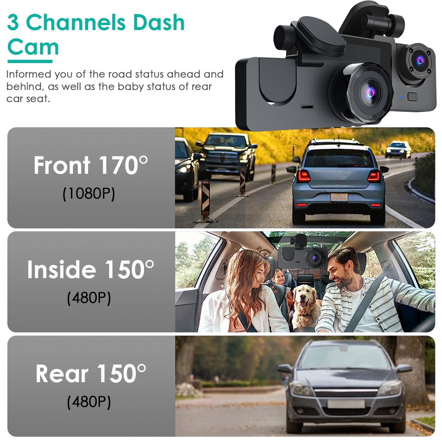 3-Channel Car Camera with 32GB MMC Card