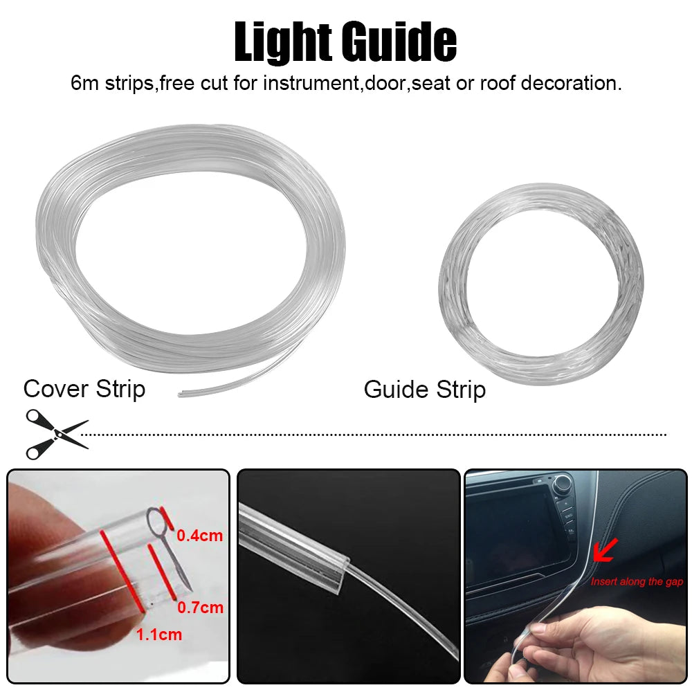 12V 6M LED Strips RGB Car Interior Light Ambient Lamp Decorative Fiber Optic 5 Lens Smart Control Caravan Automotive Accessories