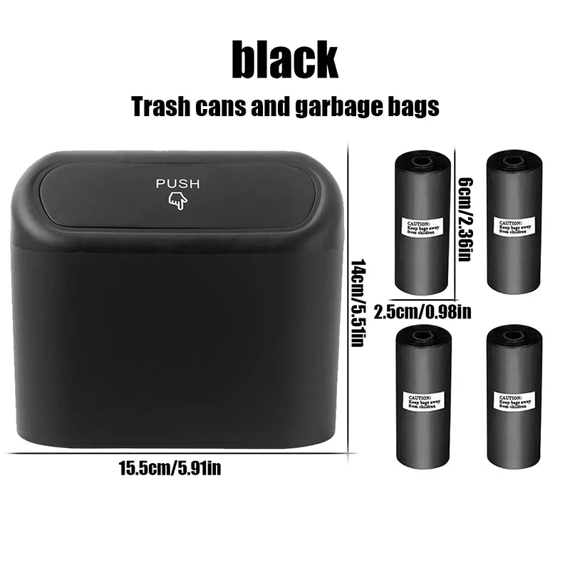 1L Car Interior Storage Box Trash Can with 4 Rolls (60Pcs) Trash Bags ABS Mini Trash Can with Lid with Trash Bag Car Storage Bin