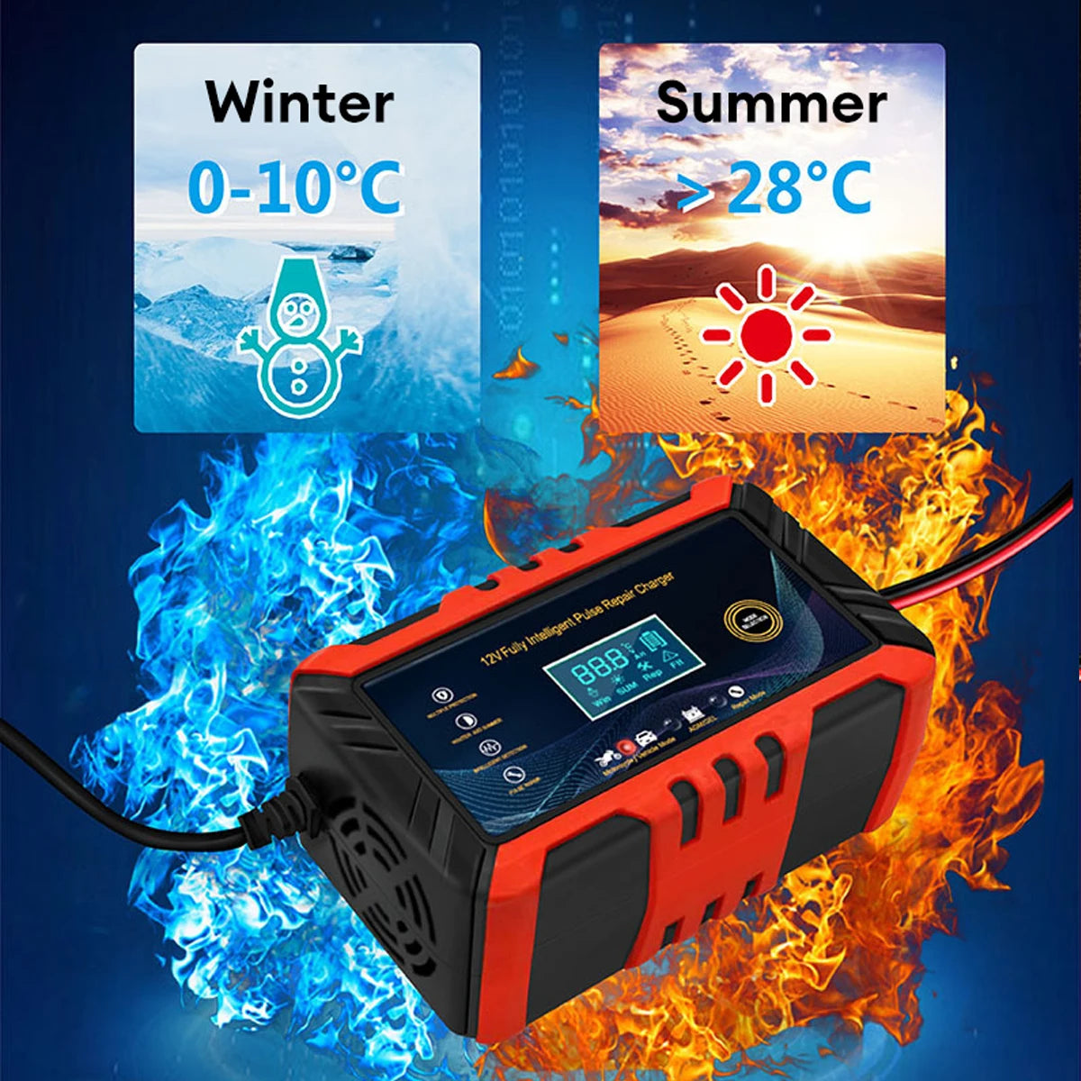 Car Battery Charger 12V 6A Intelligent Pulse Repair LCD Display Car Battery Motorcycle Battery Charging Battery Repair Charger