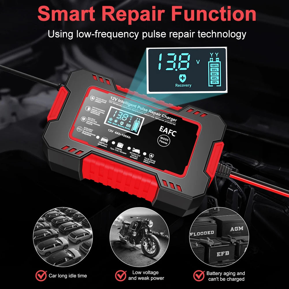 12V 6A Power Puls Repair Charger Car Battery Charger LED Display Moto Truck Battery Charger Wet Dry Lead Acid Battery
