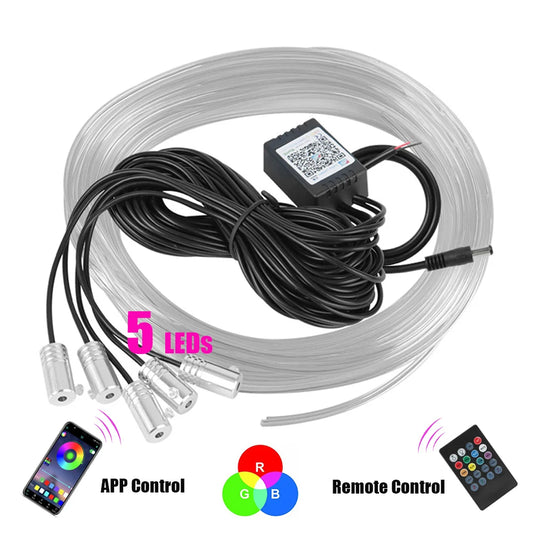 12V 6M LED Strips RGB Car Interior Light Ambient Lamp Decorative Fiber Optic 5 Lens Smart Control Caravan Automotive Accessories