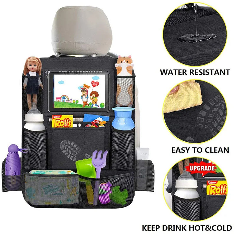 Car Backseat Organizer with Touch Screen Tablet Holder + 9 Storage Pockets Kick Mats Car Seat Back Protectors for Kids Toddlers