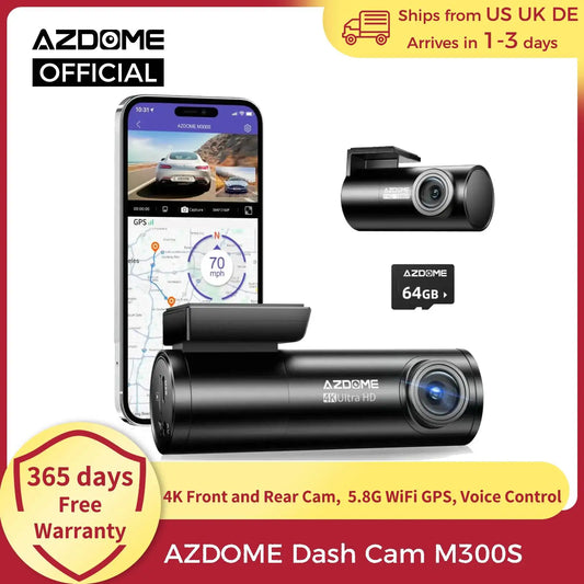 M300S 4K Dash Cam Front and Rear, 5.8G Wifi GPS Dash Camera for Cars, Free 64GB SD Card, Voice Control, WDR Night Vision