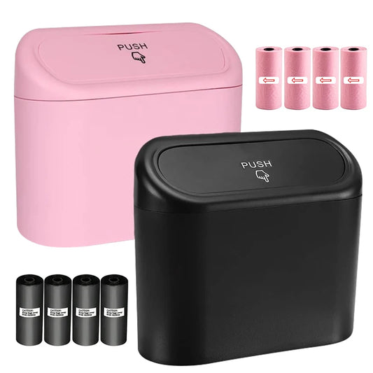 1L Car Interior Storage Box Trash Can with 4 Rolls (60Pcs) Trash Bags ABS Mini Trash Can with Lid with Trash Bag Car Storage Bin